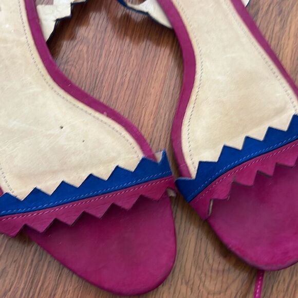 Schutz fuchsia and navy flat suede sandals with tassel lace up 8 - Picture 3 of 5